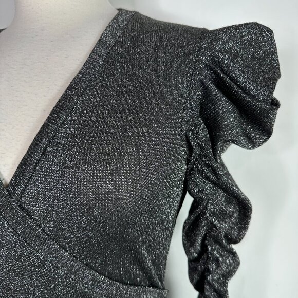 Walter Baker Marwin True Wrap Top Black Silver Sparkle Size Small Ruched Sleeve - Picture 6 of 13